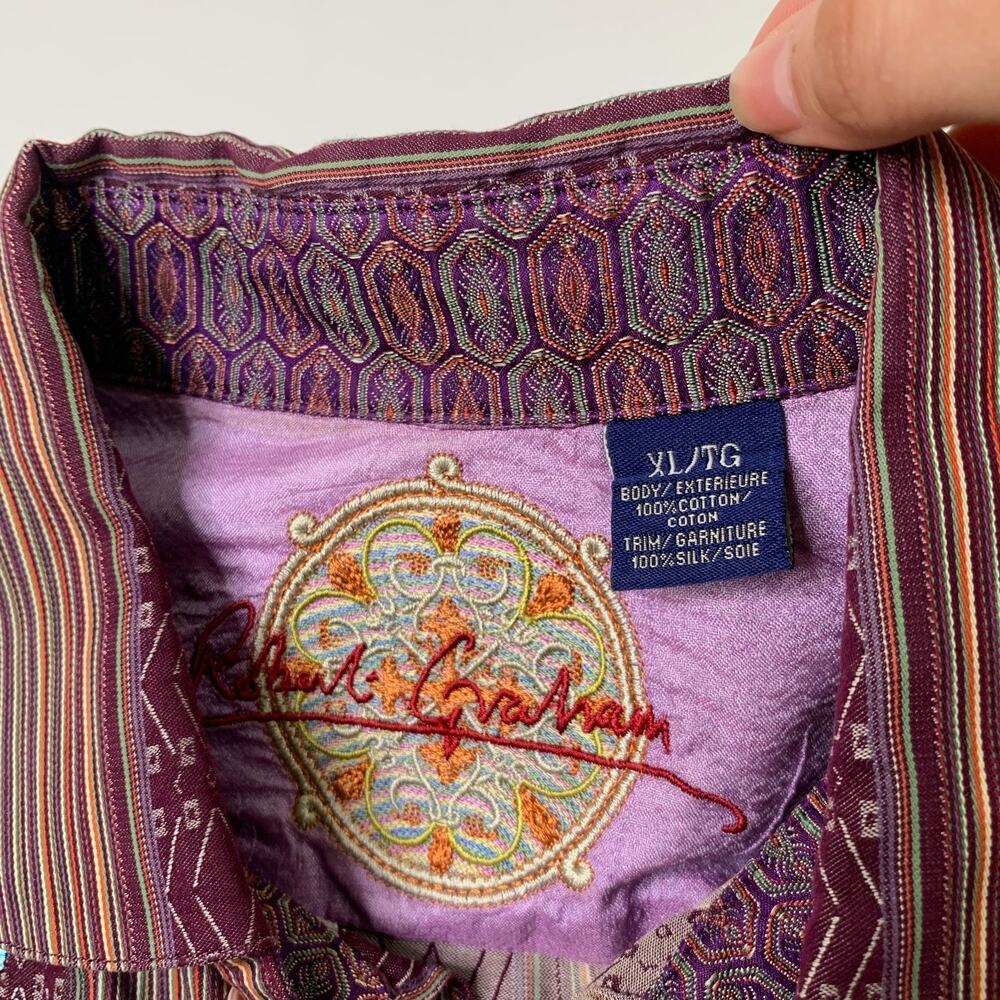 Robert Graham Shirt Mens Extra Large Garnet Flip Cuff Embroidered Striped Cotton - Picture 6 of 9
